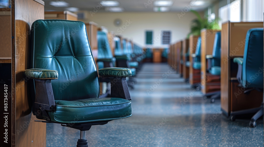 an empty office with green chairs. an empty office with green chairs.