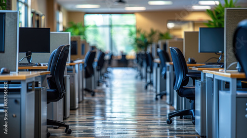 Wallpaper Mural An empty office space with chairs and desks arranged in rows. The space is lit by natural light coming in from the windows. Torontodigital.ca