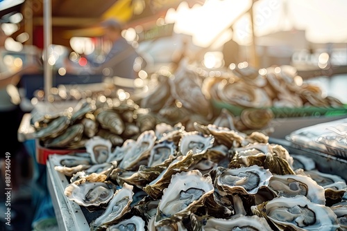 Market Stall Filled with Fresh Oysters Outdoors