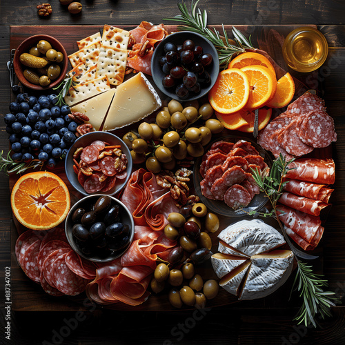 artful charcuterie board with meats cheeses fruits nuts and crackers on a wooden background photo