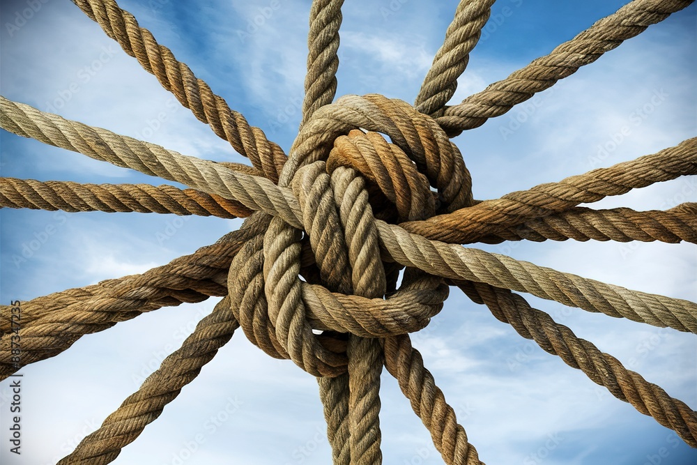 lots of ropes and a big knot against the blue sky close up lots of ropes and a big knot against the blue sky close up