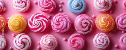 A row of colorful lollipops with pink and white swirls