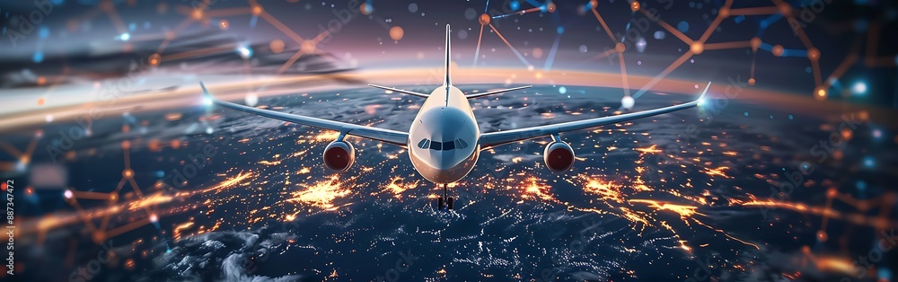 Fototapeta premium Airplane flying over planet Earth