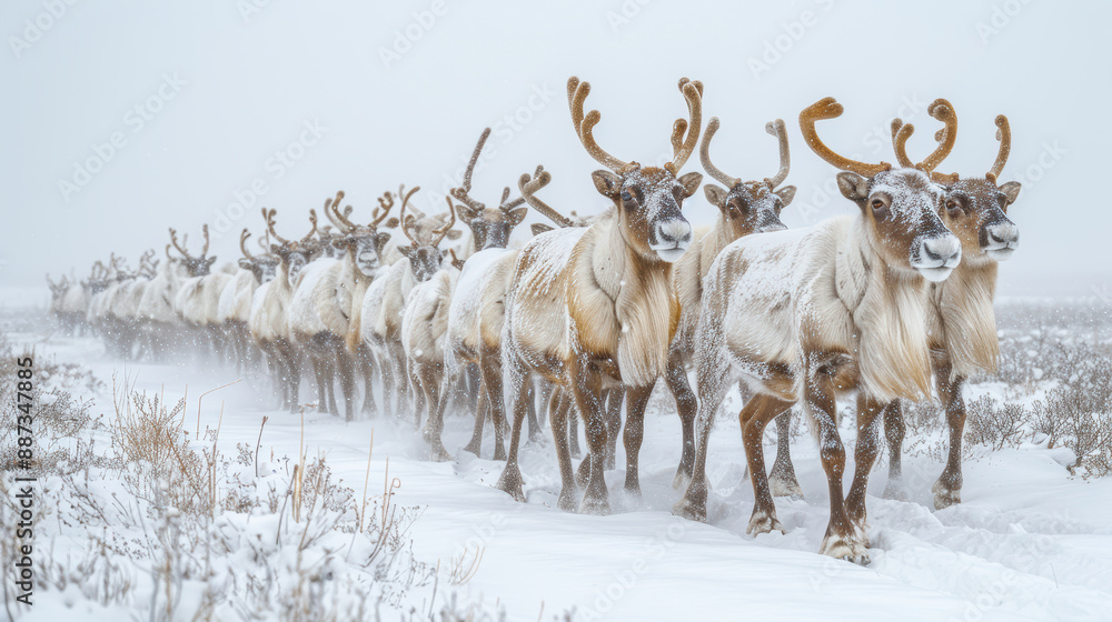 A large herd of reindeer migrate across the snowy tundra in search of food. A large herd of reindeer migrate across the snowy tundra in search of food.
