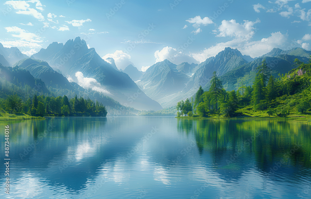 The image shows a beautiful mountain lake in the summer. The water is calm and clear, reflecting the sky and the mountains. The image shows a beautiful mountain lake in the summer. The water is calm and clear, reflecting the sky and the mountains.