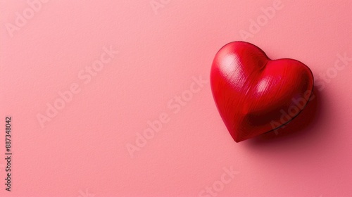 Valentine card with red heart from above on pink background with space for text