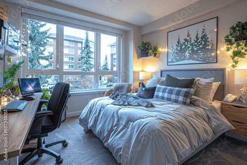 Modern minimalist teenage bedroom with bed desk and natural light © btiger