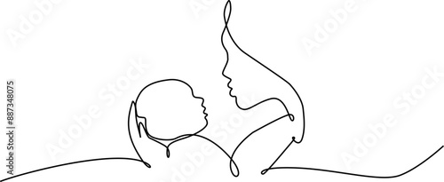 Continuous one line drawing Woman hold her baby inside heart.Happy Mothers Day concept.