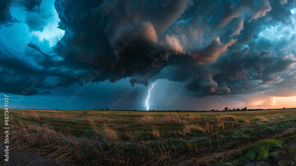 Fototapeta premium A dramatic thunderstorm with lightning striking over a rural landscape