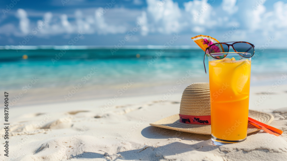 Straw hat with a exotic cocktail and sunglasses on sand beach Straw hat with a exotic cocktail and sunglasses on sand beach