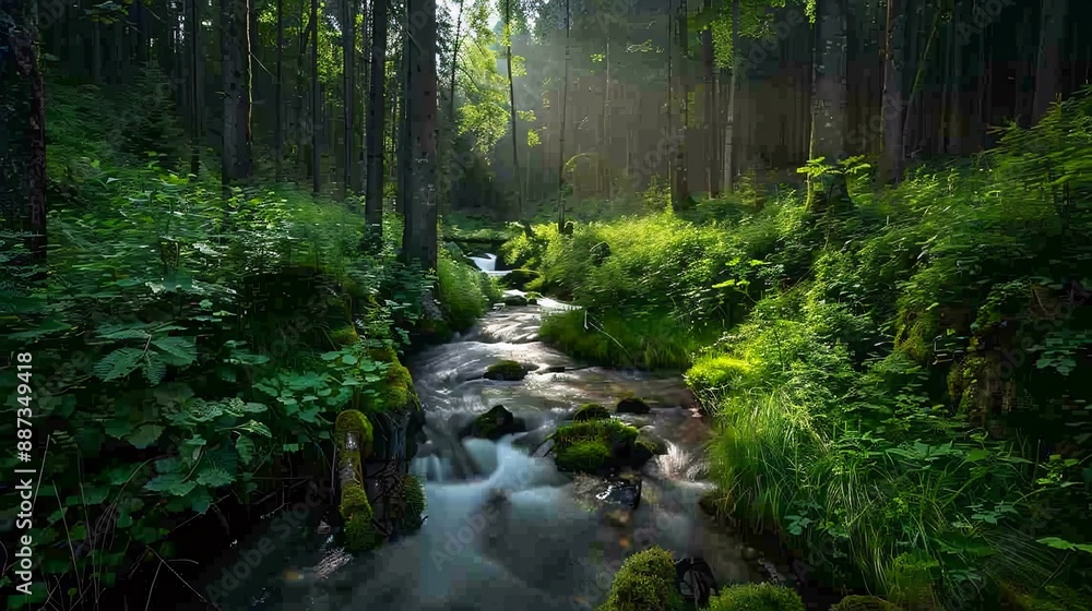 Obraz premium A tranquil forest stream with sunlight filtering through lush green trees