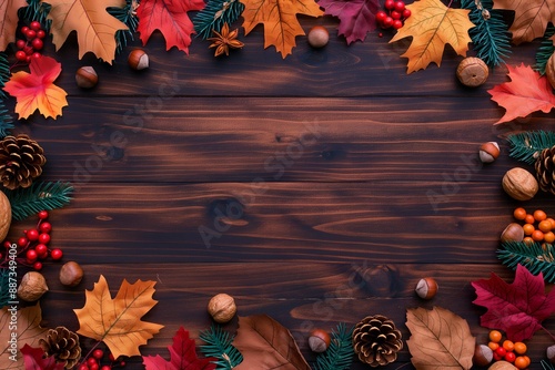 A wooden frame background with a border of autumn leaves