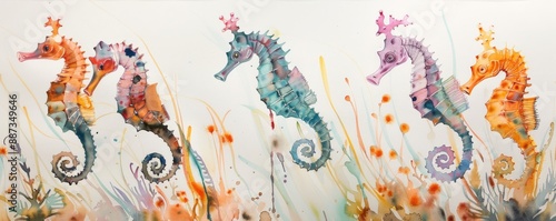 Colorful watercolor painting of seahorses with vibrant colors and abstract floral background, perfect for artistic and marine-themed decor.