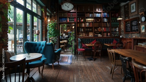 A cozy cafe interior with wooden furniture and shelves of books