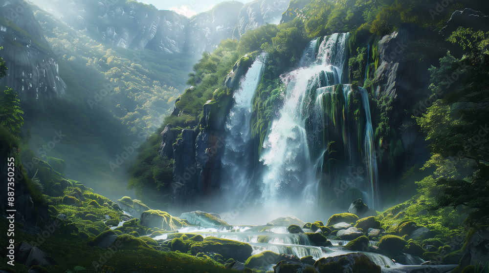 A lush green forest with a waterfall in the background. The waterfall is small and the water is calm A lush green forest with a waterfall in the background. The waterfall is small and the water is calm