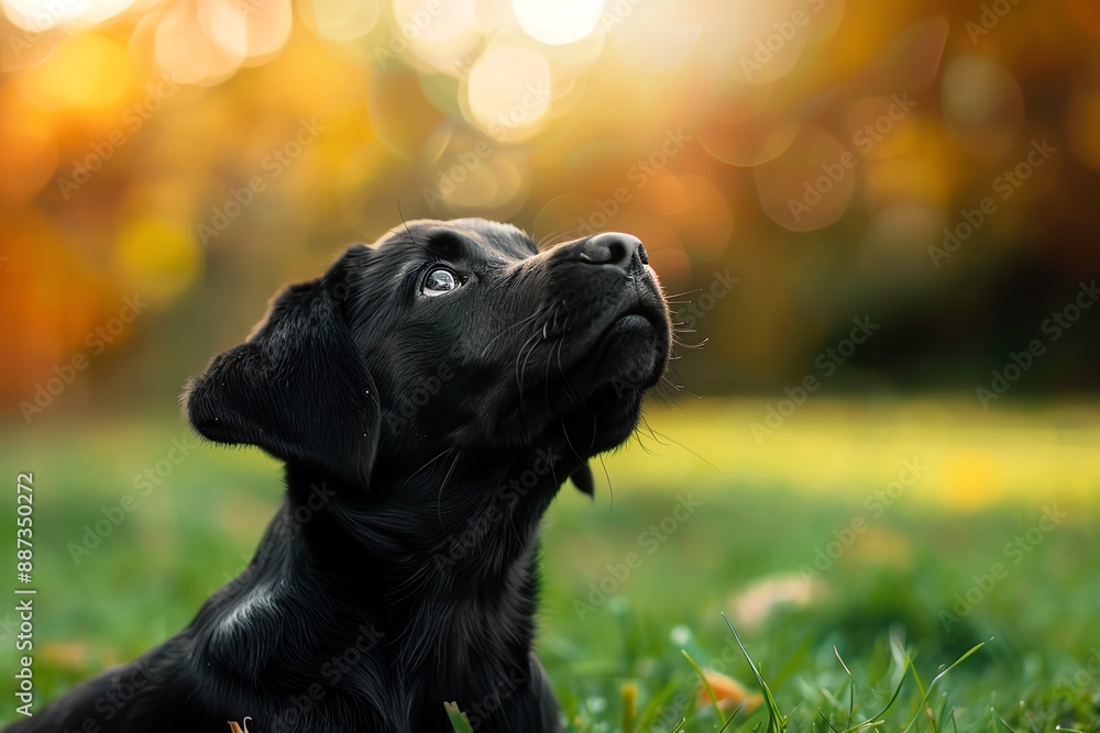 Adorable black Labrador puppy gazing upwards in a vibrant autumn landscape during golden hour, with blurred background, peaceful moment. Adorable black Labrador puppy gazing upwards in a vibrant autumn landscape during golden hour, with blurred background, peaceful moment.