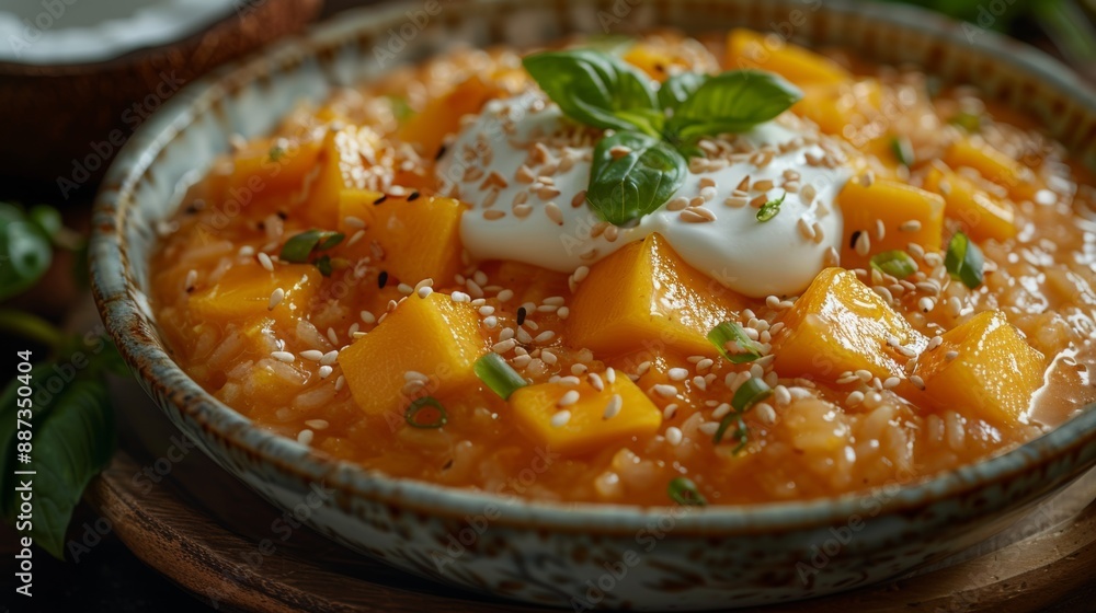 Vibrant Mango Sticky Rice Dessert in Ceramic Bowl - Stock Photo with Copy Space Vibrant Mango Sticky Rice Dessert in Ceramic Bowl - Stock Photo with Copy Space