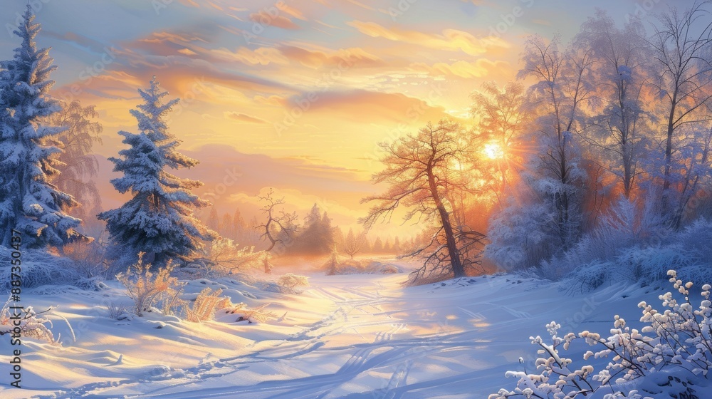 Winter Sunset Landscape with Snow-Covered Trees. Winter Sunset Landscape with Snow-Covered Trees.