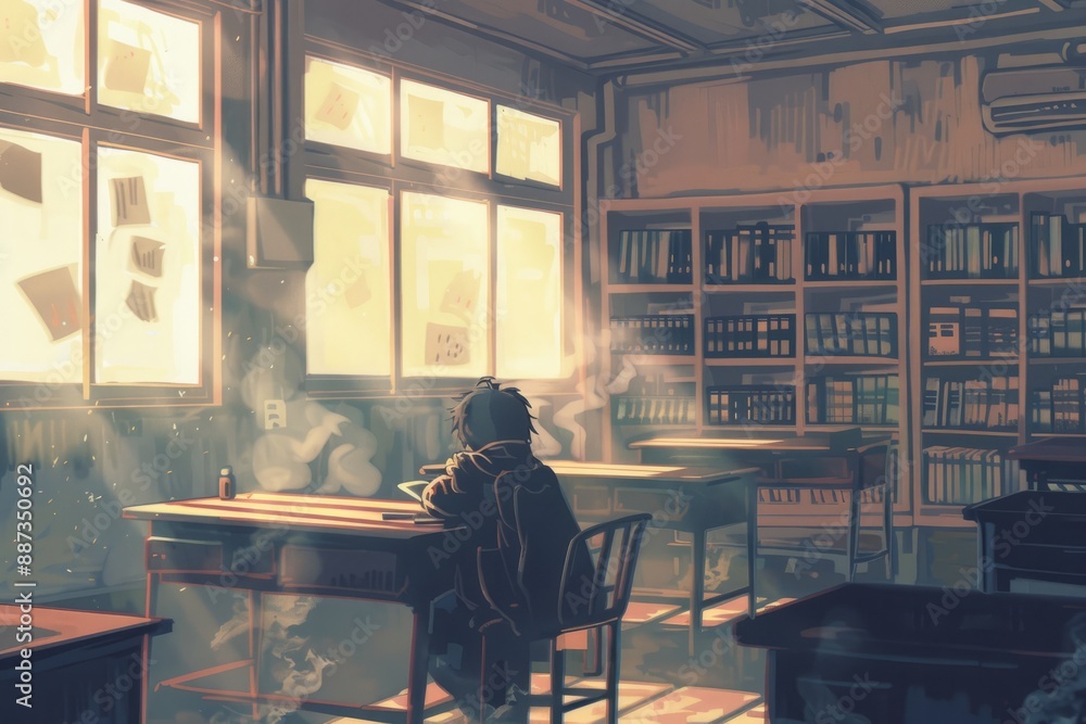 A nostalgic classroom with soft shadows and quiet ambiance. A person sits at a desk, lost in a book. Cozy vibe, Generative AI A nostalgic classroom with soft shadows and quiet ambiance. A person sits at a desk, lost in a book. Cozy vibe, Generative AI