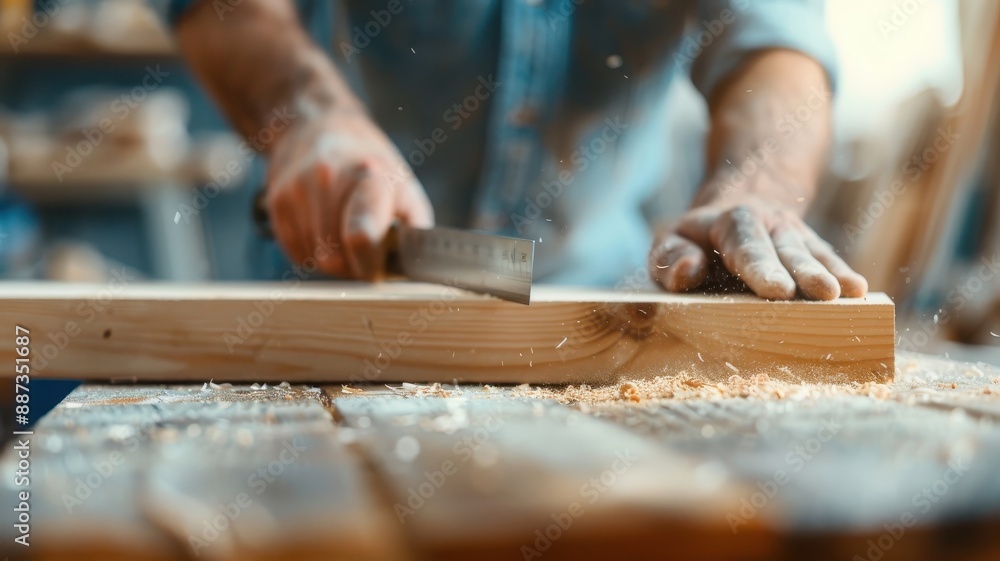 A carpenter measures and cuts lumber with precision on a workbench. A carpenter measures and cuts lumber with precision on a workbench.
