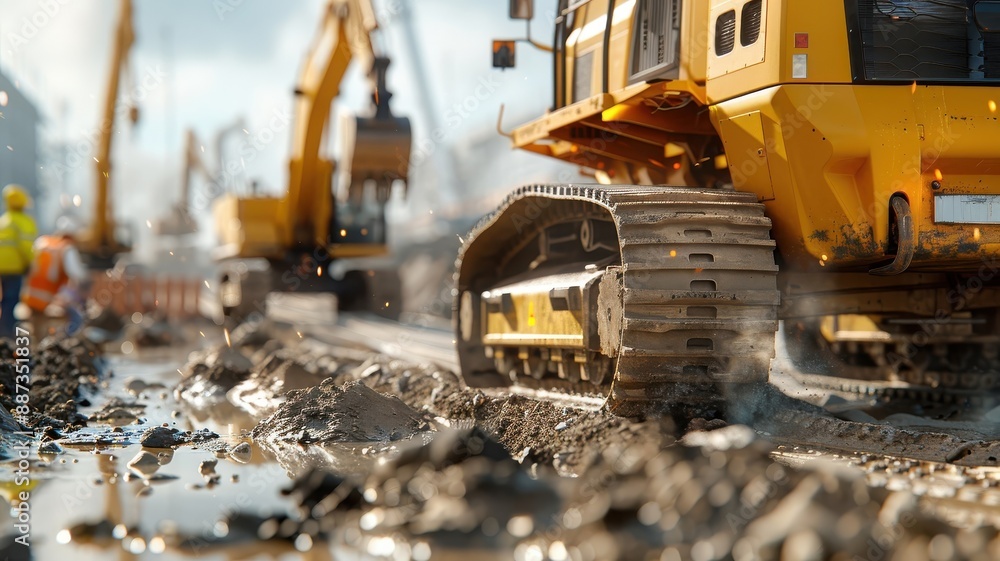 A photorealistic image of a busy road construction site. A photorealistic image of a busy road construction site.