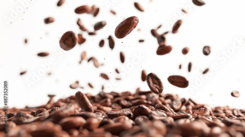 Cocoa beans fall from the sky, landing on a pile of their brethren