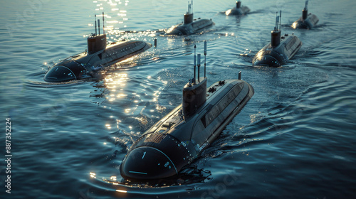 Naval submarines on the surface of the ocean. Nuclear-powered submarines photo