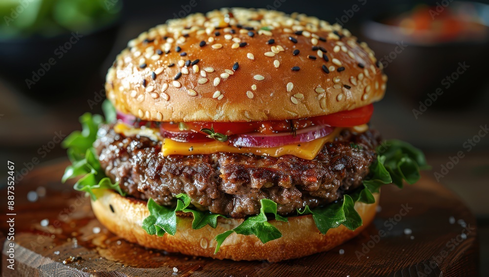 Close-up of a Juicy Cheeseburger with Sesame Seed Bun Close-up of a Juicy Cheeseburger with Sesame Seed Bun