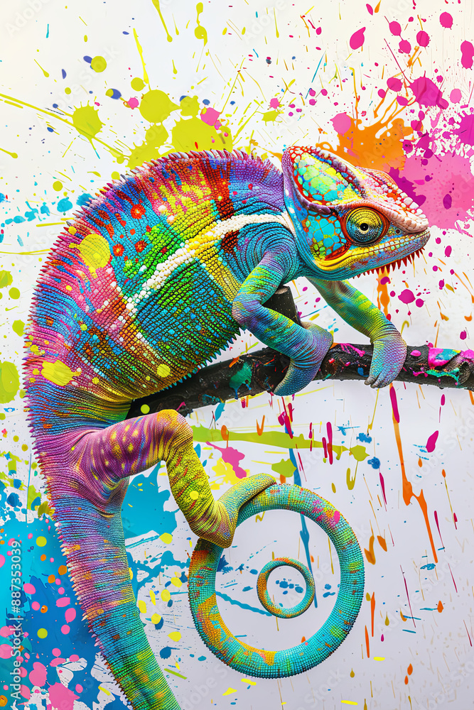 Obraz premium Colorful chameleon on a splash of paint, novel creativity concept