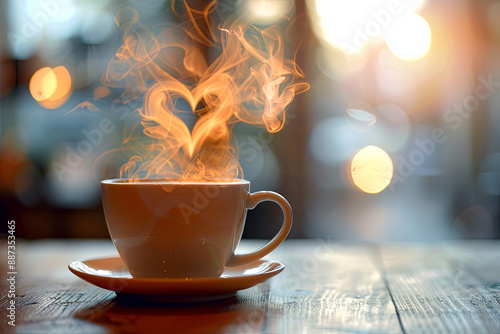 Fresh cup of coffee with heart-shaped steam