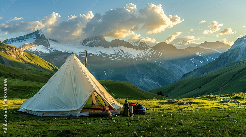 A big white camping tent with camping gears in a green grass with mountains and blue sky with white clouds in the background A big white camping tent with camping gears in a green grass with mountains and blue sky with white clouds in the background