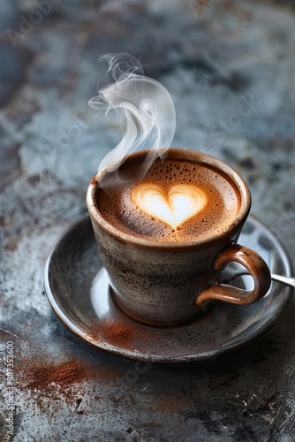 Fresh cup of coffee with heart-shaped steam