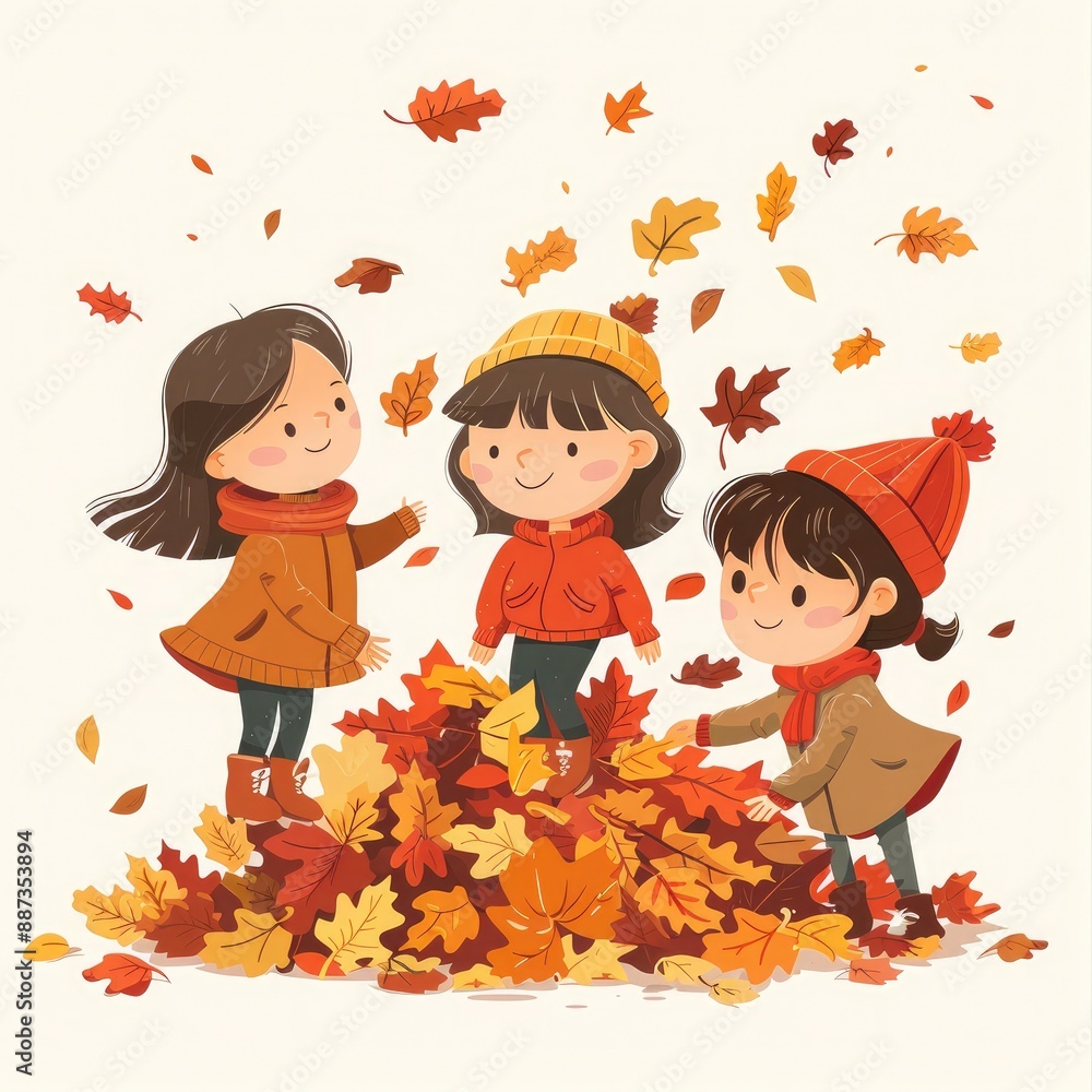 Autumn-themed background, kids playing in leaf pile, flat design illustration Autumn-themed background, kids playing in leaf pile, flat design illustration