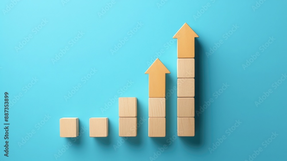 Wooden blocks, growth graph and upward arrow on blue background, flat lay, flat design illustration Wooden blocks, growth graph and upward arrow on blue background, flat lay, flat design illustration