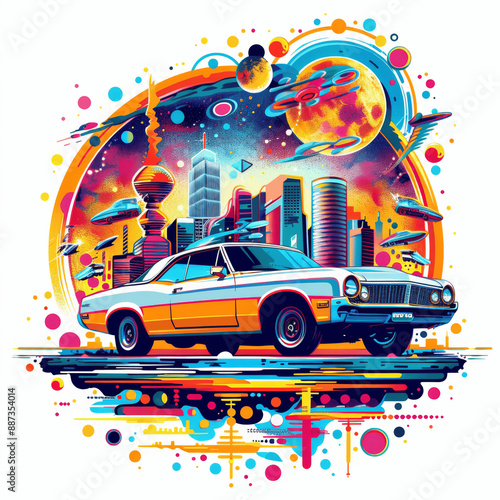 Psychedelic Pop Art Car Illustration with Futuristic and Surreal Elements in Vibrant Colors © btiger