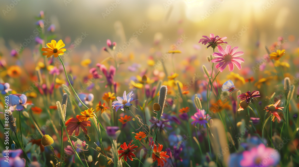 A field of flowers with a bright, sunny day. The flowers are in full bloom and the grass is lush and green. The scene is peaceful and serene A field of flowers with a bright, sunny day. The flowers are in full bloom and the grass is lush and green. The scene is peaceful and serene