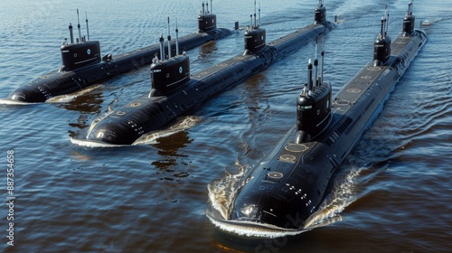 Naval submarines on the surface of the ocean. Nuclear-powered submarines photo