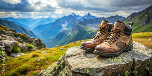 Hiking boots resting on a rock in the mountains , adventure, exploration, outdoor, recreation, trekking, footwear, nature