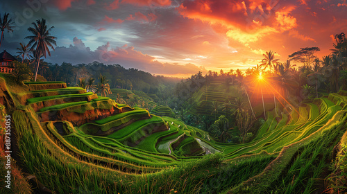 Lush tropical beauty of Bali’s terraced rice paddies under a vibrant, setting sun