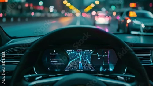 A digital navigation display is shown from the driver's perspective as they navigate a busy city street at night. The dashboard is visible with lights from other cars in the background.