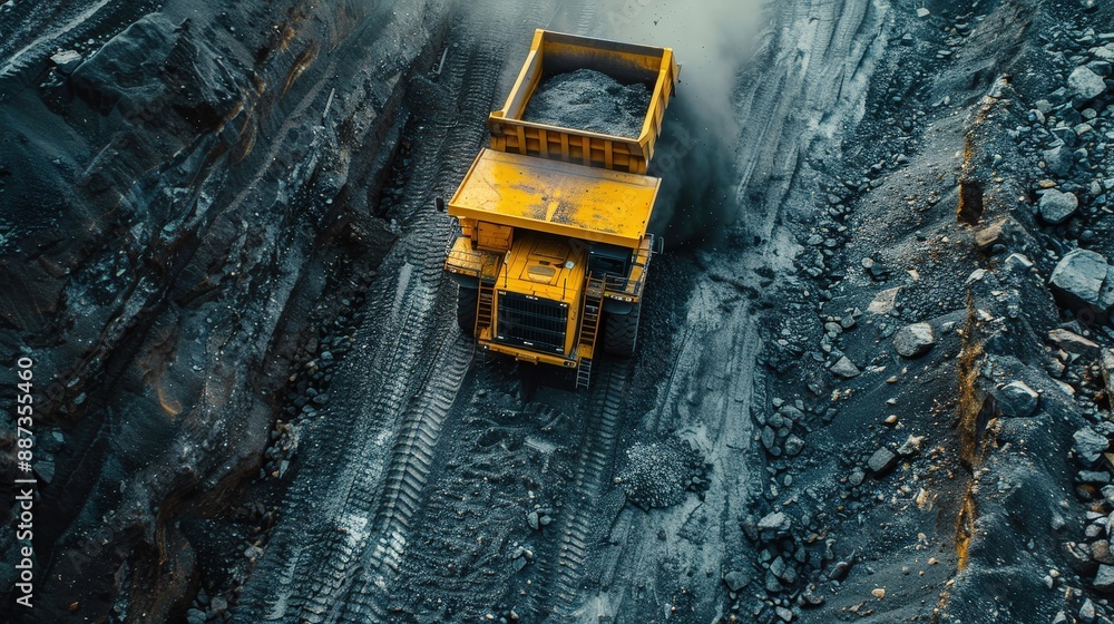 Aerial View of Large Yellow Mining Dump Truck Transporting Coal in Open-Pit Mine Aerial View of Large Yellow Mining Dump Truck Transporting Coal in Open-Pit Mine