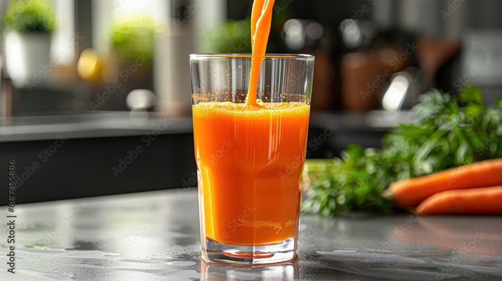 Freshly Poured Carrot Juice in a Glass on a Kitchen Counter with Vegetables in the Background Freshly Poured Carrot Juice in a Glass on a Kitchen Counter with Vegetables in the Background