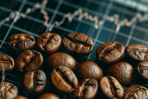 Coffee beans on a growing stock market price graph
