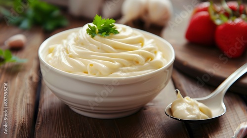 Delicious mayonnaise in bowl and spoon on kitchen table, closeup.