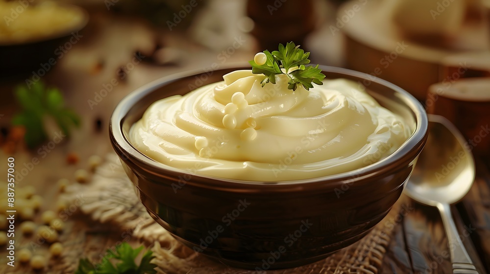 Delicious mayonnaise in bowl and spoon on kitchen table, closeup. Delicious mayonnaise in bowl and spoon on kitchen table, closeup.