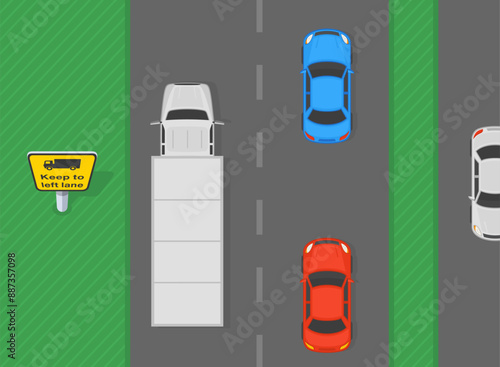 Safe driving tips and traffic regulation rules. "Heavy goods vehicles keep left" sign area. Top view of a traffic flow on motorway. Flat vector illustration template.