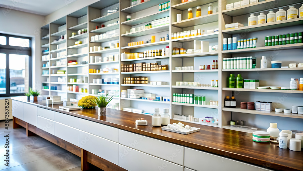 Empty marble table pharmacy blurred background Empty pharmacy counter with colorful medication shelves Pharmacy dispensing counter, stocked pharmacy shelves, medication dispensing area Empty marble table pharmacy blurred background Empty pharmacy counter with colorful medication shelves Pharmacy dispensing counter, stocked pharmacy shelves, medication dispensing area