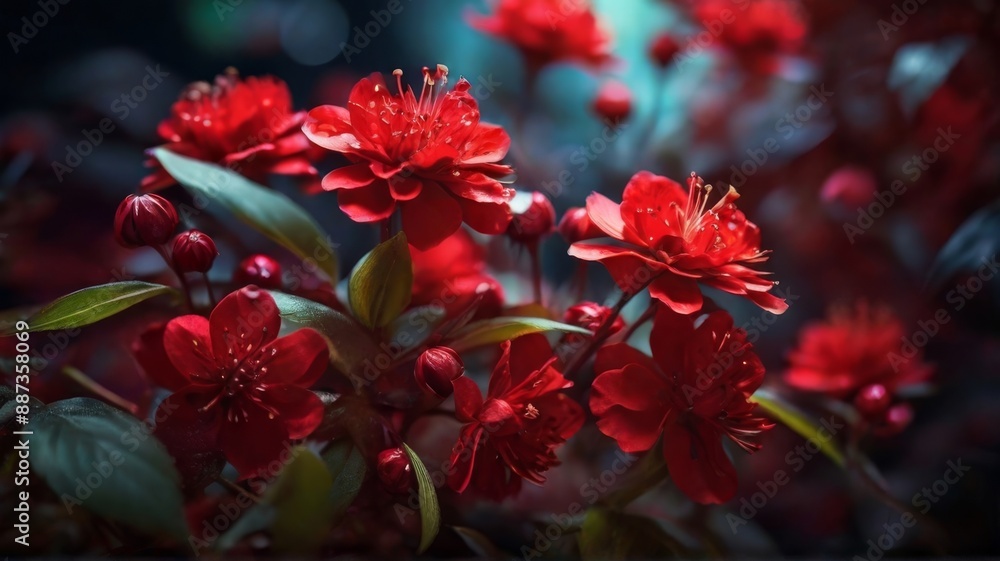 Obraz premium Red flowers branch tree, sky background