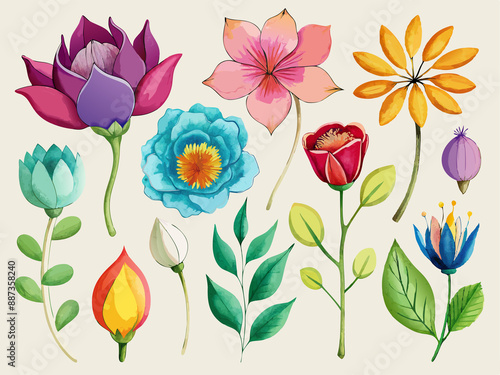 Wallpaper Mural set of separate parts of flowers in watercolors Torontodigital.ca