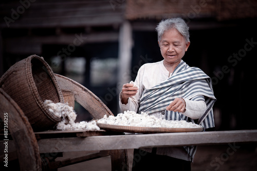 Happy Elderly woman working with cotton. She is wearing traditional clothing, including a striped shawl, and appears to be sorting or handling raw cotton is people village environment lifestyle. photo